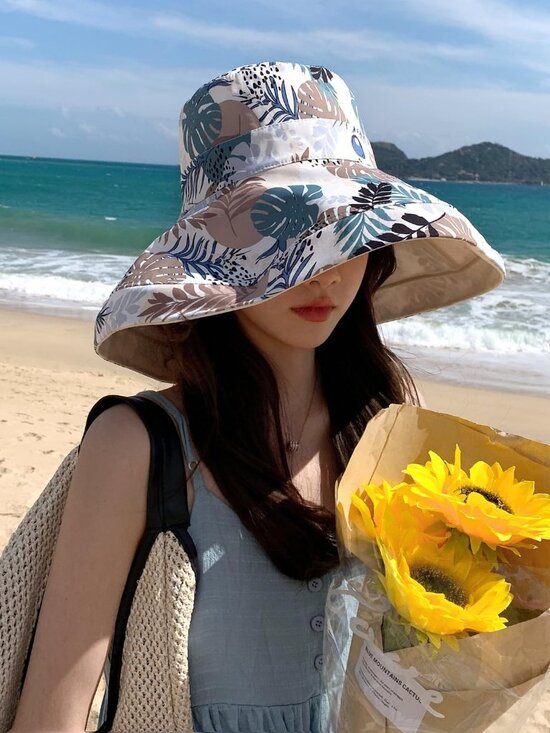 Women Wide Brim Summer Sun Hat Wired Edge Beach Bucket Fishing Hats Beige main image 6